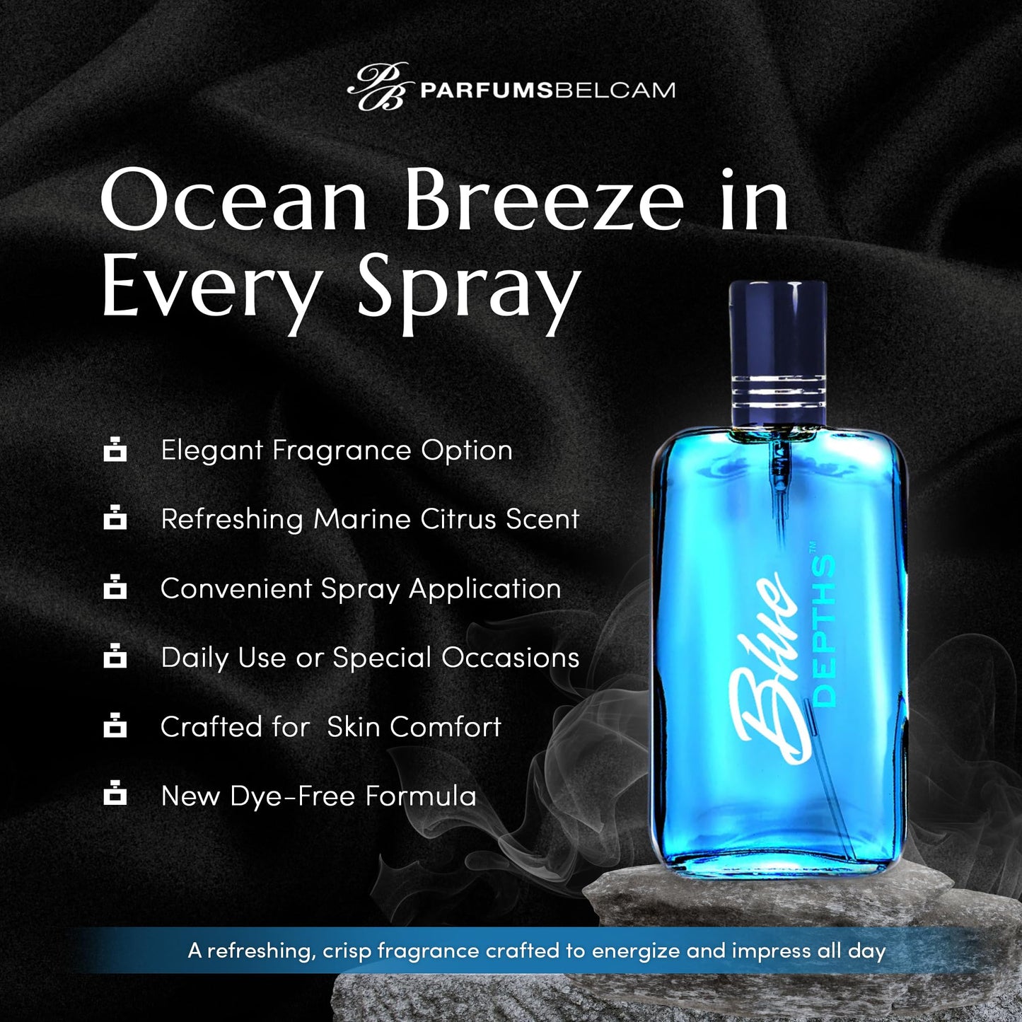 PB ParfumsBelcam Blue Depths Eau de Toilette Fragrance Spray - 3.4 Fl Oz. Fresh Aquatic Cologne for Men with Crisp Citrus, Warm Musk & Amber Scent Beauty & Personal Care PB ParfumsBelcam