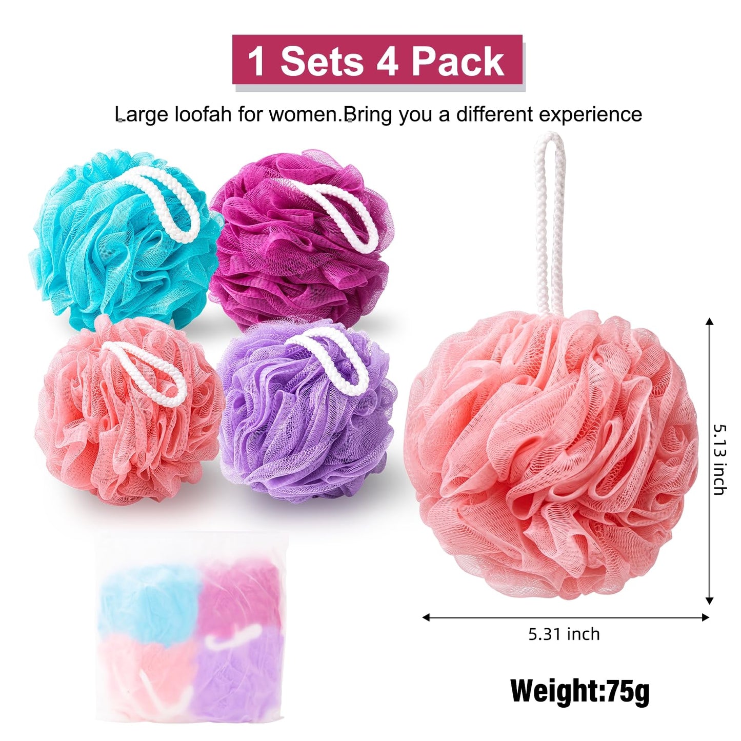 MTDLYICE Loofah for Women 75g 4 Pack, Bath Sponge Soft Mesh Shower Puff Loofah Sponge, Exfoliating Body Scrubber, lufas for Women, Shower Accessories Beauty & Personal Care MTDLYICE
