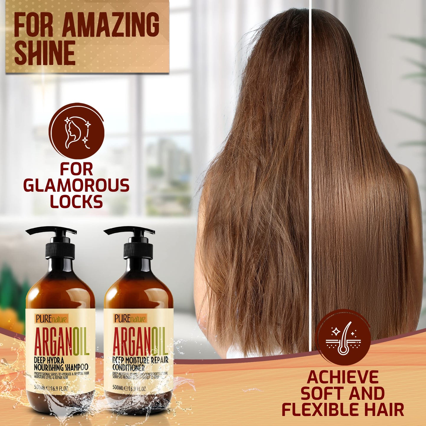 Argan Oil Shampoo and Conditioner Set - Keratin - For Curly, Straight, Dry and Damaged Hair - Moisturizing, Hydrating, Anti Frizz Salon Technology Beauty & Personal Care PURE NATURE LUX SPA