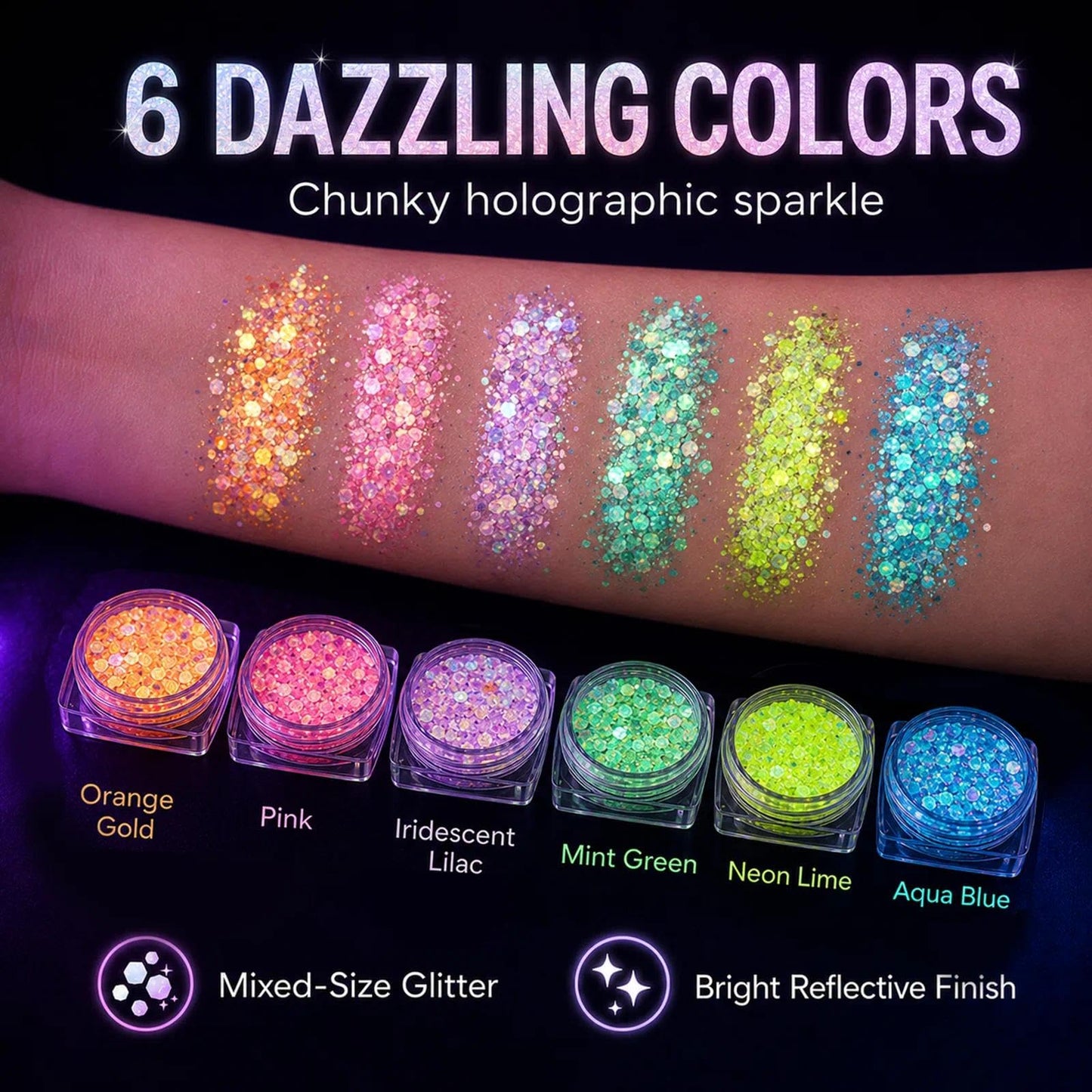 MiraWish 6 Colors Glow in The Dark Glitter Gel, Face & Body Glitter for Women, Neon Black Light Party Makeup, No Glue Needed, Easy Wash Off, Rave Beauty & Personal Care MiraWish