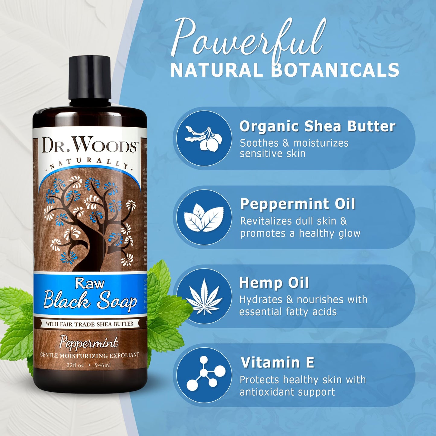 Dr. Woods Raw African Liquid Peppermint Black Soap - Body Wash for Men and Women, Contains Peppermint Oil and Organic Shea Butter, Gentle Exfoliant Beauty & Personal Care Dr. Woods