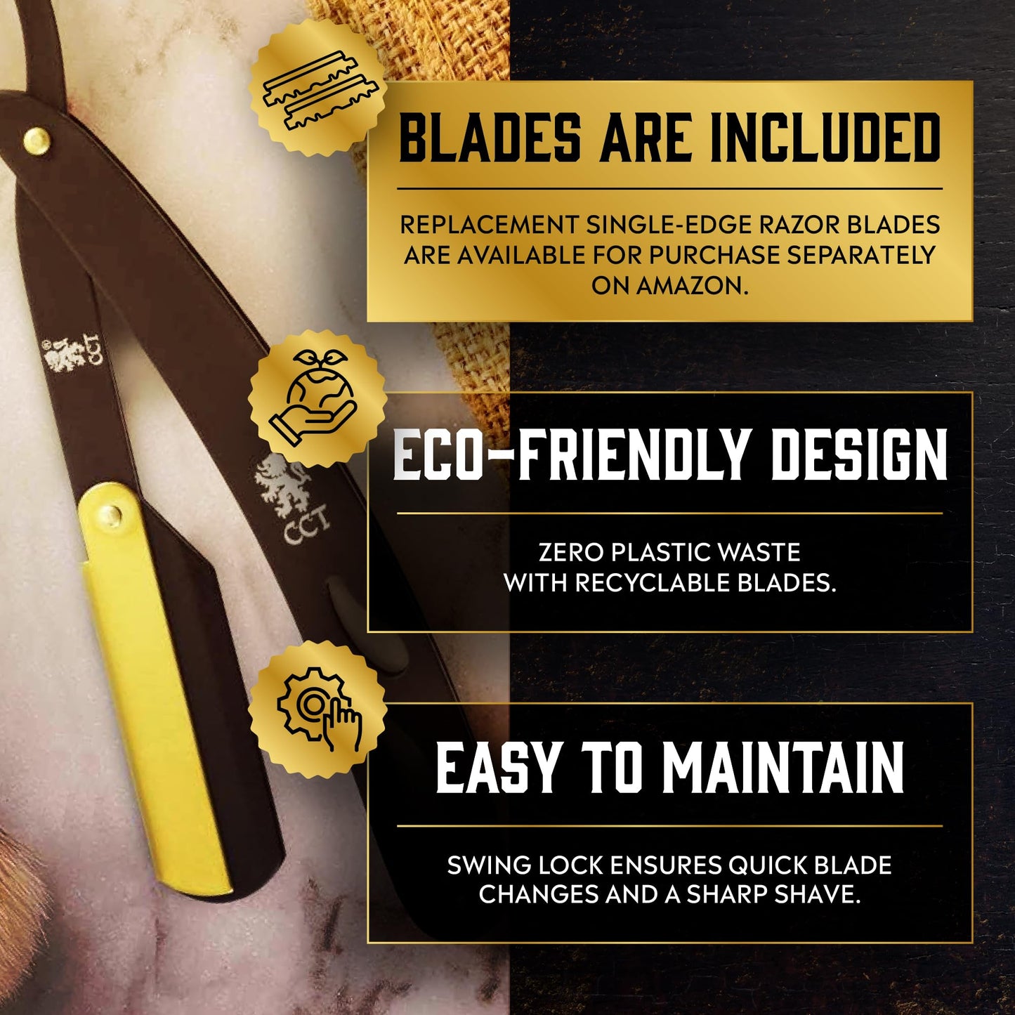 Cambridge Cutthroat Open Blade Razor for Men - Black & Gold Stainless Steel Handle, Swing-Lock Single Edge Cut Throat Razor with Leather Travel Pouch Beauty and Personal Care The Cambridge Cutthroat