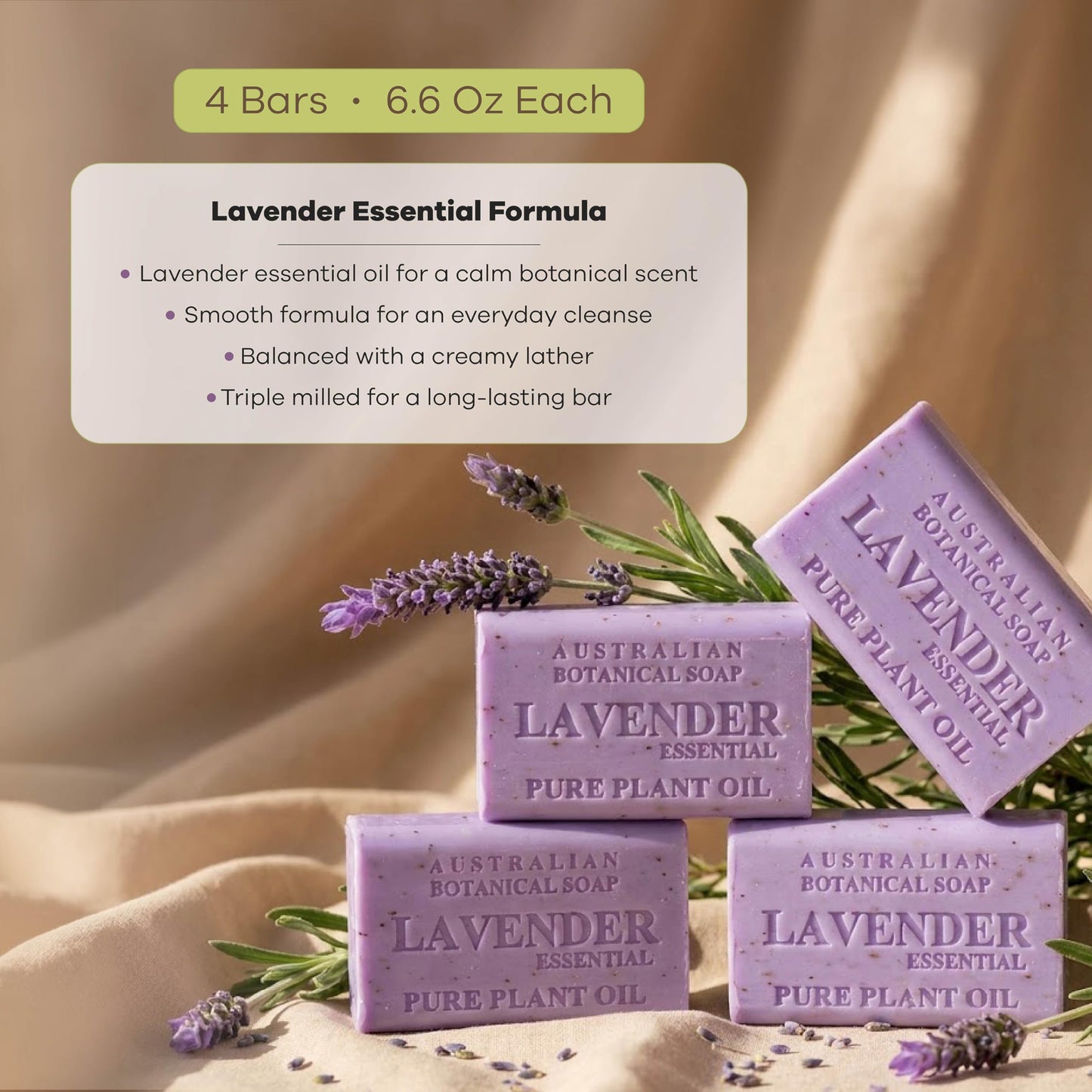 Australian Botanical Soap Lavender with Essential Oil - Triple Milled 6.6 oz Bar Soap with Shea Butter, Face Hand & Body Bars, Pack of 4 Beauty & Personal Care Australian Botanical Soap