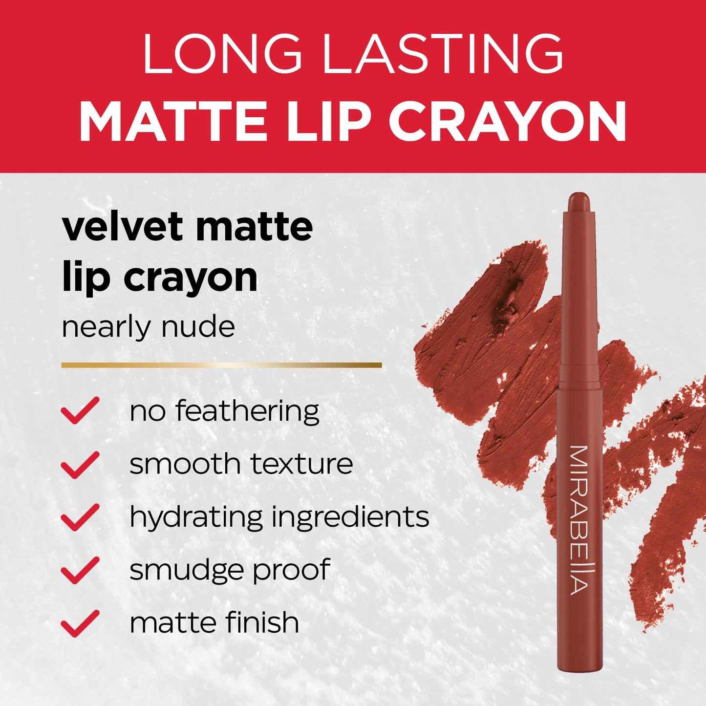 Mirabella - Velvet Matte Lip Crayon, Retractable Highly-Pigmented 2-in-1 Makeup, Long-Lasting Hydrating Lipstick Crayon + Lip Liner, Moisturizing Beauty & Personal Care Mirabella