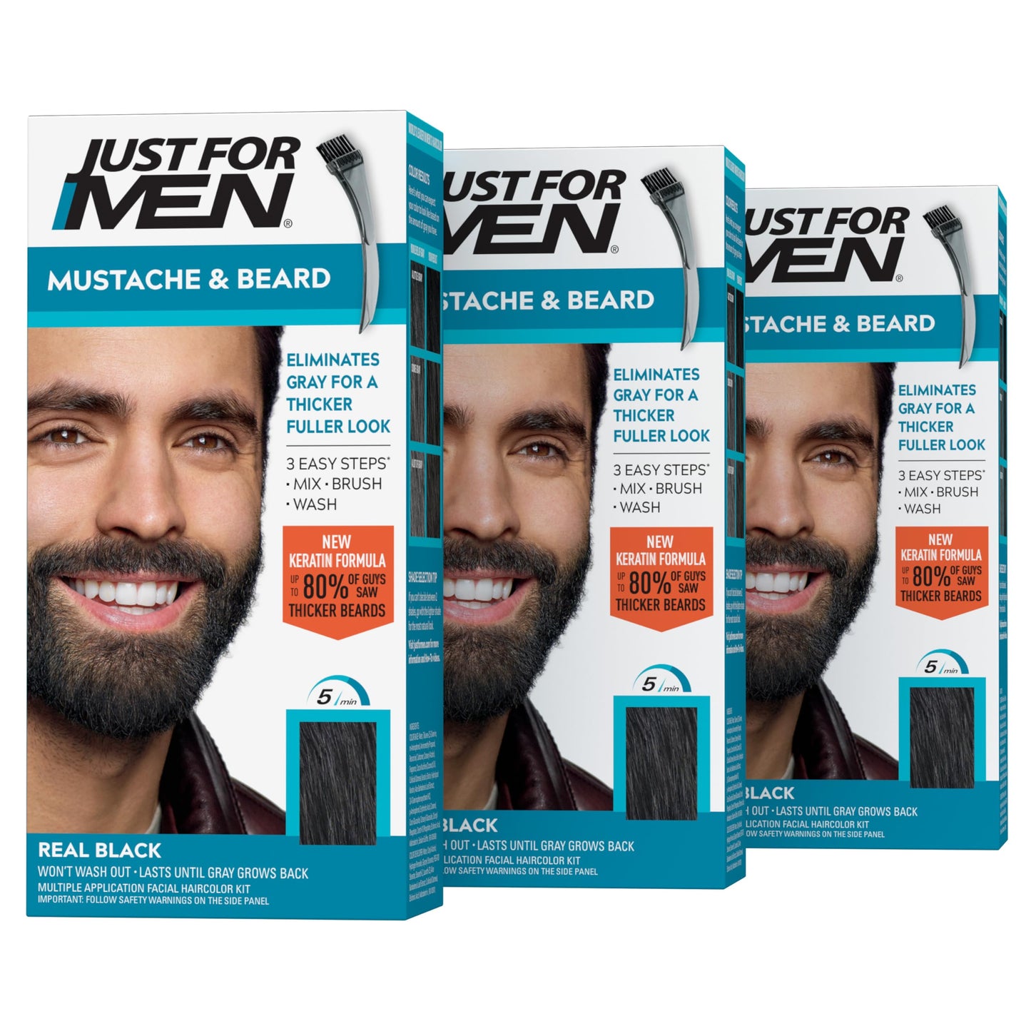 Just For Men Mustache & Beard, Beard Coloring for Gray Hair with Brush, With Keratin Biotin Aloe and Coconut Oil for Healthy Facial Hair - Real Black Beauty & Personal Care Just for Men