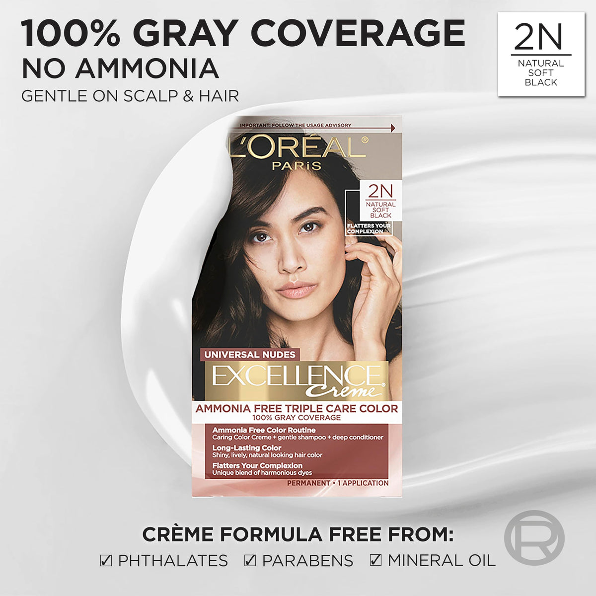 L’Oreal Paris Excellence Universal Nudes Permanent Hair Color, Ammonia Free Hair Dye for Gray Hair Coverage, 2N Natural Soft Black, 1 Hair Dye Kit