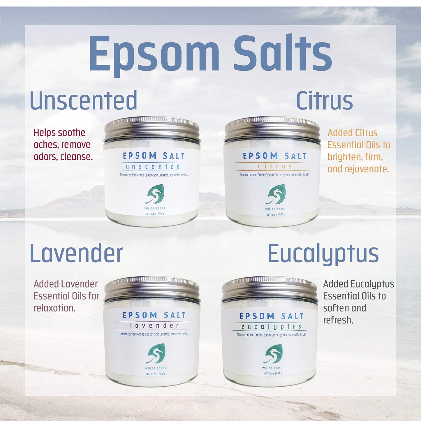 White Egret - Hemp Pharmaceutical Grade Epsom Salt - 16oz Beauty and Personal Care White Egret