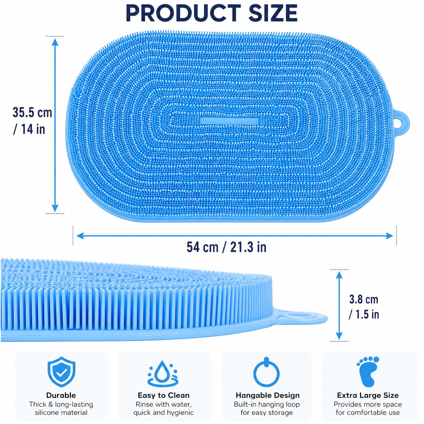 21.3" Silicone Foot & Back Scrubber Mat, Non-Slip Suction Cups Blue Beauty and Personal Care BARRYSAIL