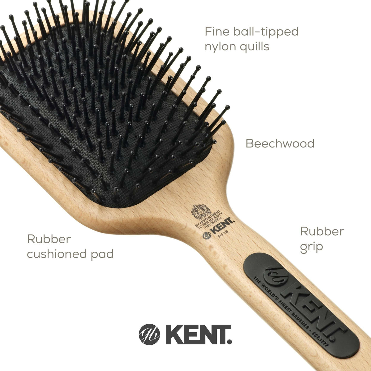 Kent PF18 Medium Cushion Paddle Brush - Detangling for Fine, Long, Thick and Curly Hair, Scalp Massager and Growth Stimulator, Wet or Dry Use. Made in