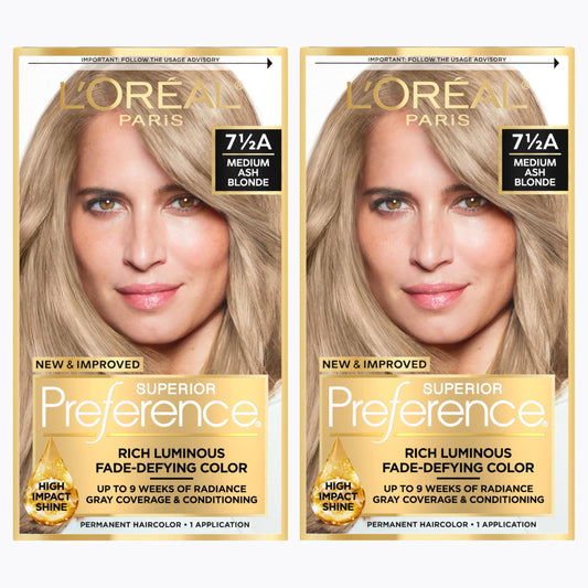 L'Oreal Paris Superior Preference Luminous Fade-Defying Permanent Hair Color, Hair Dye For Up to 9 Weeks of Radiance, Medium Ash Blonde 7.5A, 1 Hair