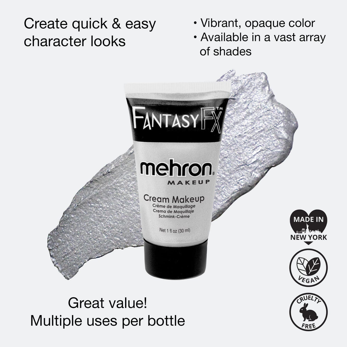 Mehron Makeup Fantasy FX Cream Makeup | Water Based | Halloween | Silver Face & Body Paint For Adults 1 fl oz (30ml) (Silver) Beauty & Personal Care Mehron