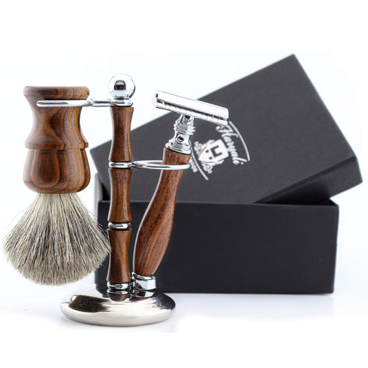 Haryali London Shaving Kit - 3 Pc Wooden Shaving Kit - Double Edge Safety Razor - Super Badger Shaving Brush - Shaving Stand from Wood and Stainless Beauty and Personal Care Haryali London