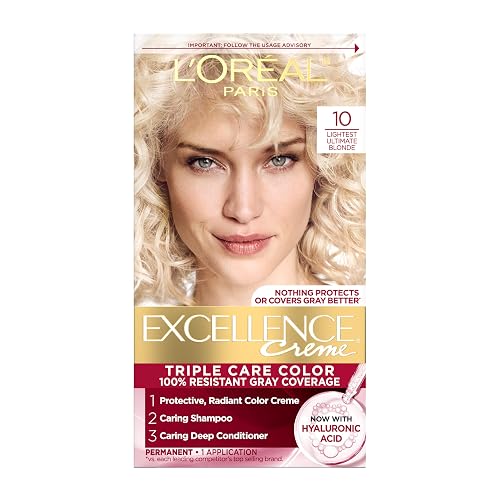 L'Oreal Paris Excellence Crème Permanent Hair Dye, Triple Care Hair Color with Hyaluronic Acid for 100% Gray Coverage, 10 Lightest Ultimate Blonde, 1 Beauty & Personal Care L'Oreal Paris