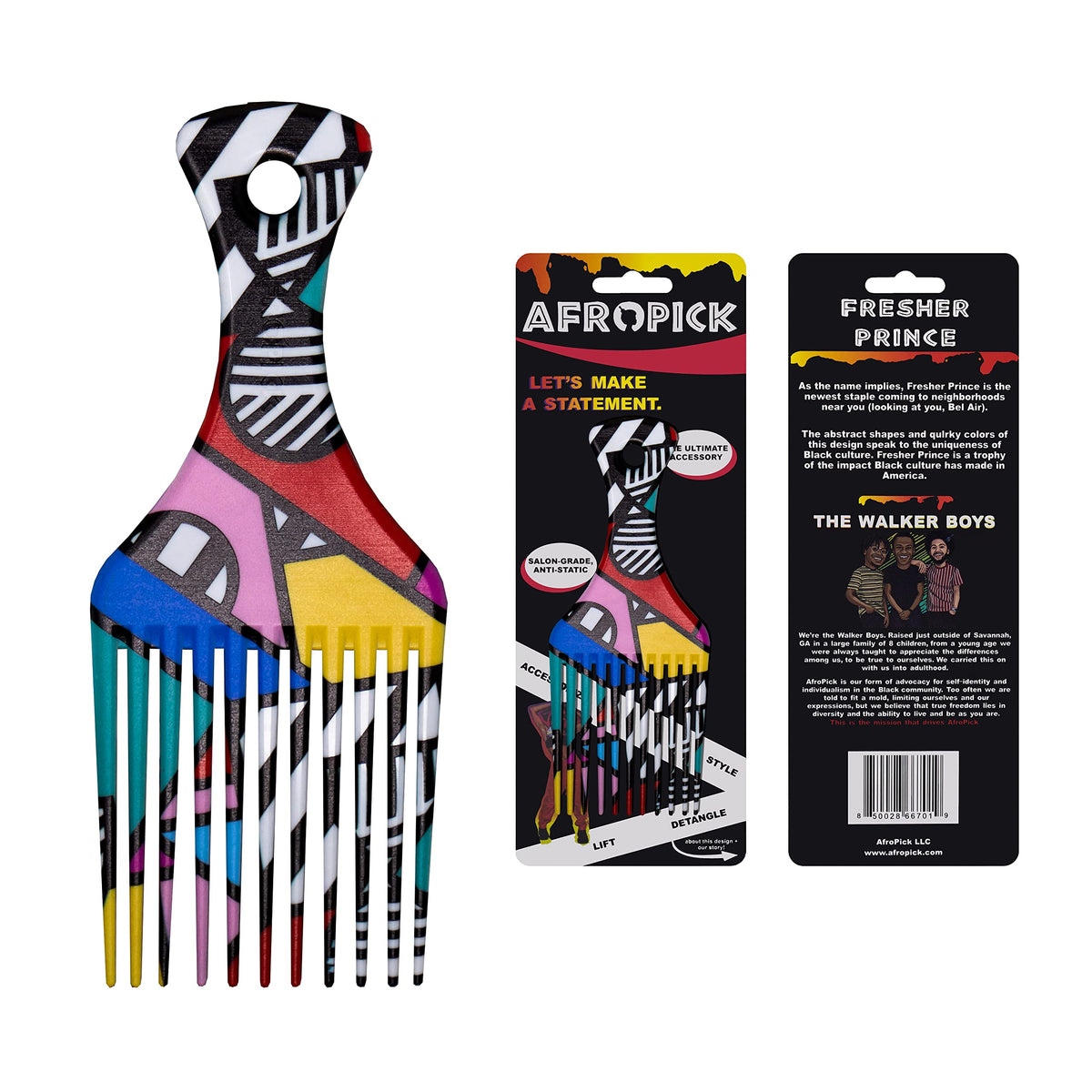 Afropick Anti-Static Plastic Black Hair Pick for Natural Curly Long Thick Hair- Afro Pick Comb for Men, Women- African Artist Designs (Fresher Prince)