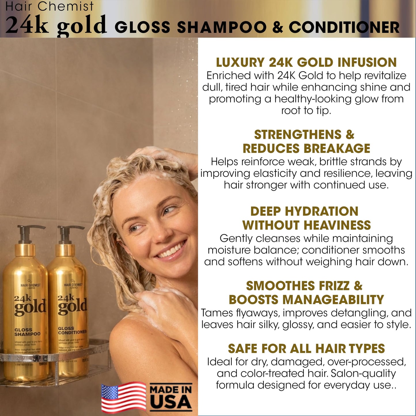 Hair Chemist 24K Gold Gloss Shampoo & Conditioner 33.8 oz. 2-PC Set - Strengthening & Shine Enhancing Hair Care System - Hydrating, Smoothing Beauty & Personal Care Hair Chemist