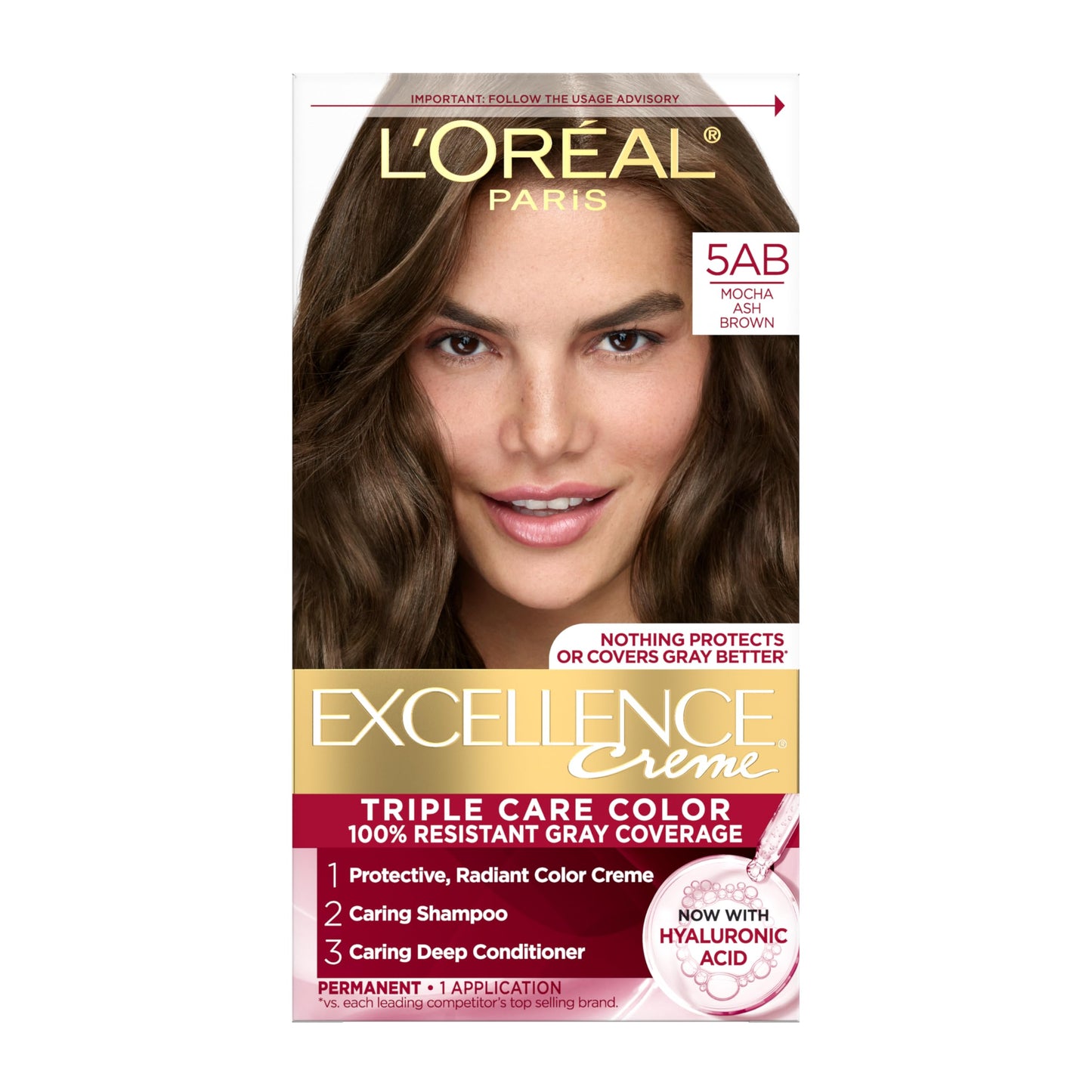 L'Oreal Paris Excellence Crème Permanent Hair Dye, Triple Care Hair Color with Hyaluronic Acid for 100% Gray Coverage, 5AB Mocha Ash Brown, 1 Kit Beauty & Personal Care L'Oreal Paris