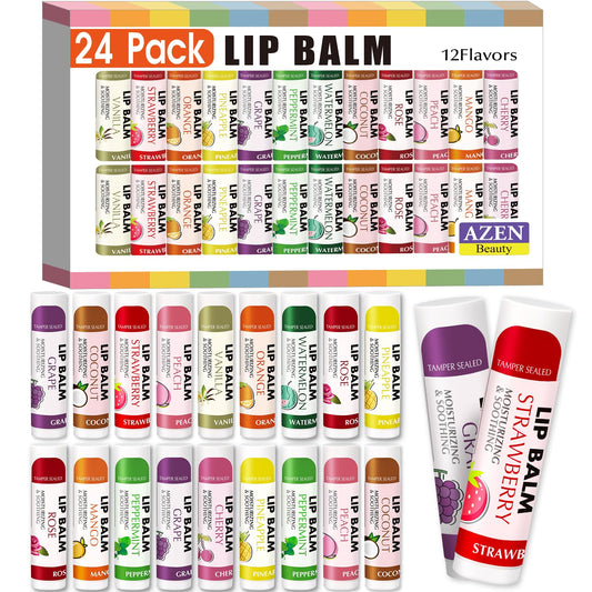 AZEN 24 Pack Lip Balm, Natural Lip Balm Bulk, Lip Care Product, Moisturizing Lip Balms for dry cracked lips - 12 Flavors Beauty & Personal Care AZEN
