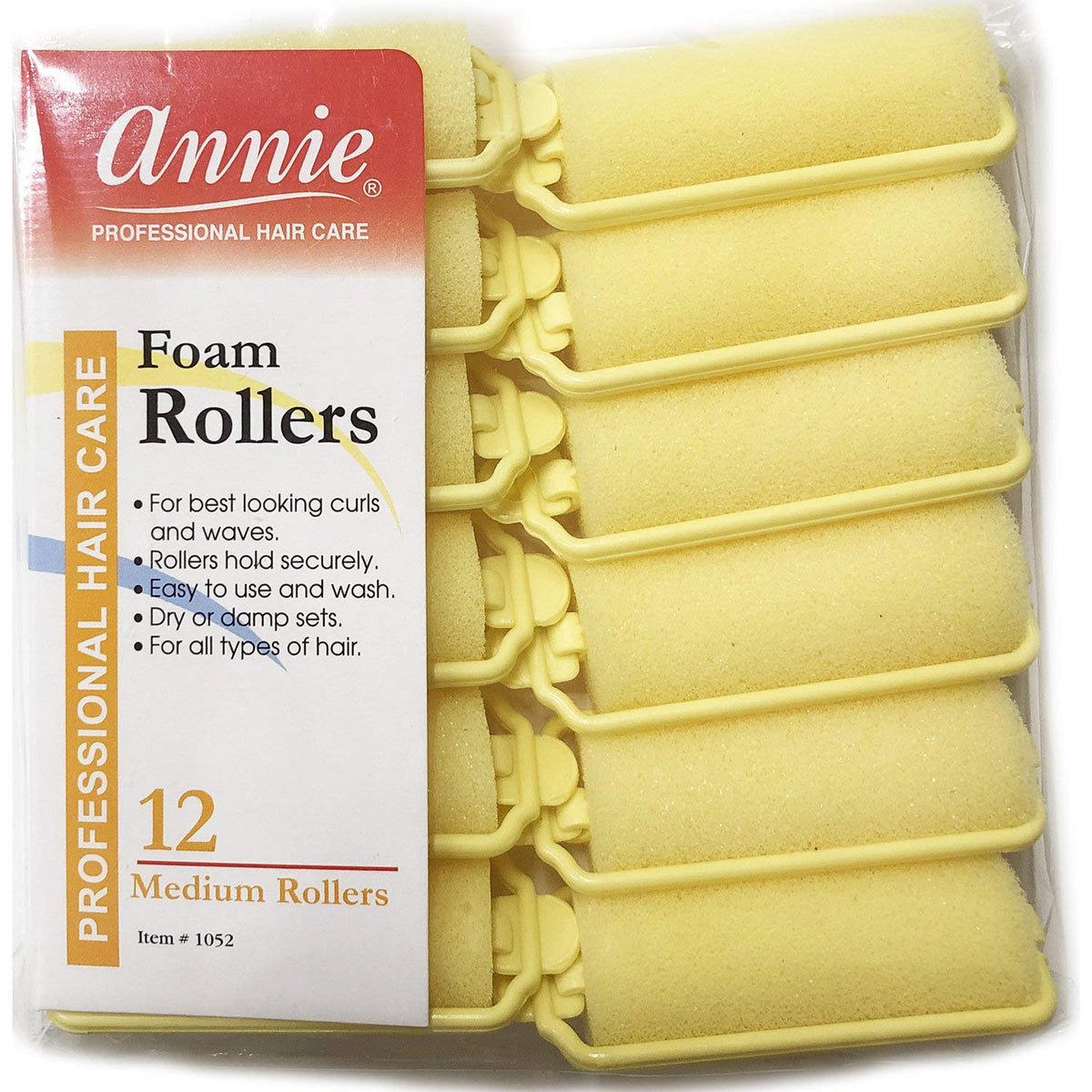 Annie Foam Hair Rollers 7/8 Inch Medium, 12 Count Yellow Soft Sponge Curlers for Heatless Curls, No Pins or Clips Needed, For Wet or Dry Hair, Tight