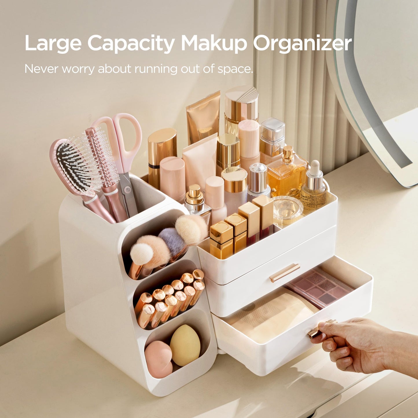 HBlife Makeup Organizer with Brush Holder for Vanity, Large Plastic Bathroom Countertop Organizer Skin Care Storage, Easy to Store Lipsticks, Nail Beauty and Personal Care HBlife
