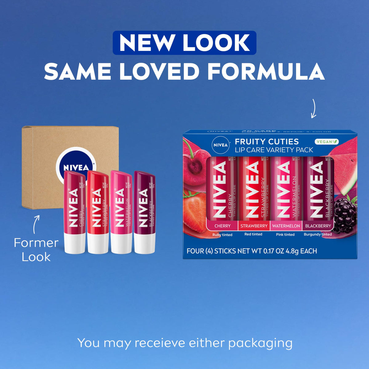 NIVEA Lip Care, Fruity Tinted Lip Balm Variety Pack, Cherry, Strawberry, Blackberry and Watermelon Flavors, 3-in-1 Moisture, Repair and Color, 0.17 Oz Beauty & Personal Care NIVEA