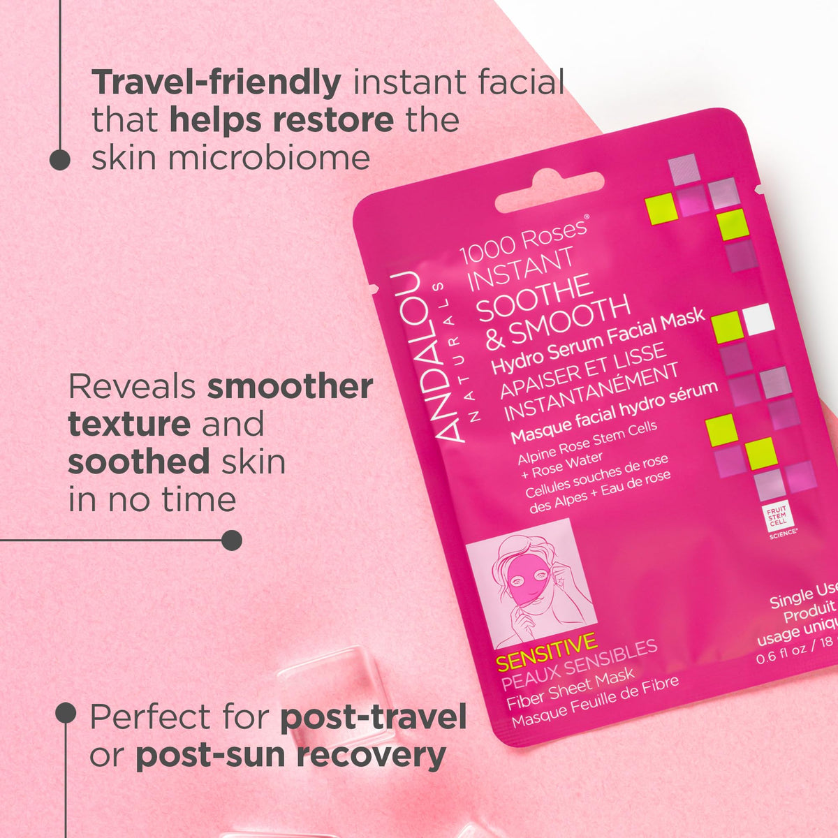 Andalou Naturals 1000 Roses Instant Soothe & Smooth Hydro Serum Facial Sheet Mask, Sensitive, Non GMO, 0.6 Fluid Ounces (Pack Of 6)