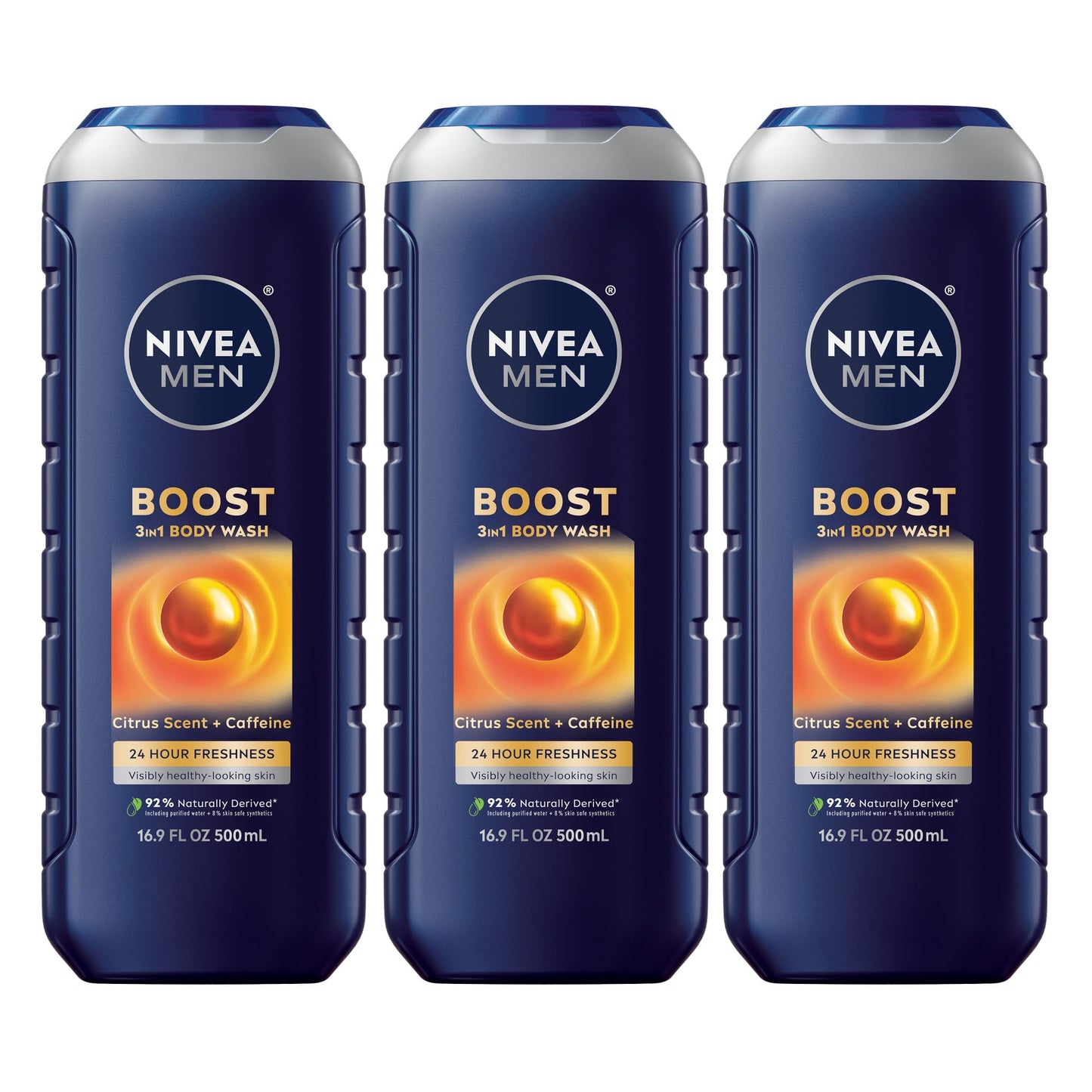 NIVEA MEN Boost Body Wash, Citrus Scent and Caffeine Enriched, 3-in-1 Men's Body Wash, Face and Hair, Paraben Free, Vegan Formula, 16.9 Fl Oz Bottle Beauty & Personal Care NIVEA MEN