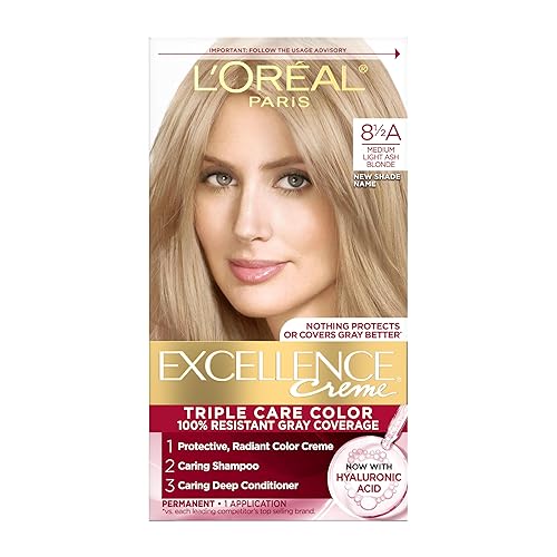 L'Oreal Paris Excellence Crème Permanent Hair Dye, Triple Care Hair Color with Hyaluronic Acid for 100% Gray Coverage, 8.5A Medium Light Ash Blonde, 1 Beauty & Personal Care L'Oreal Paris