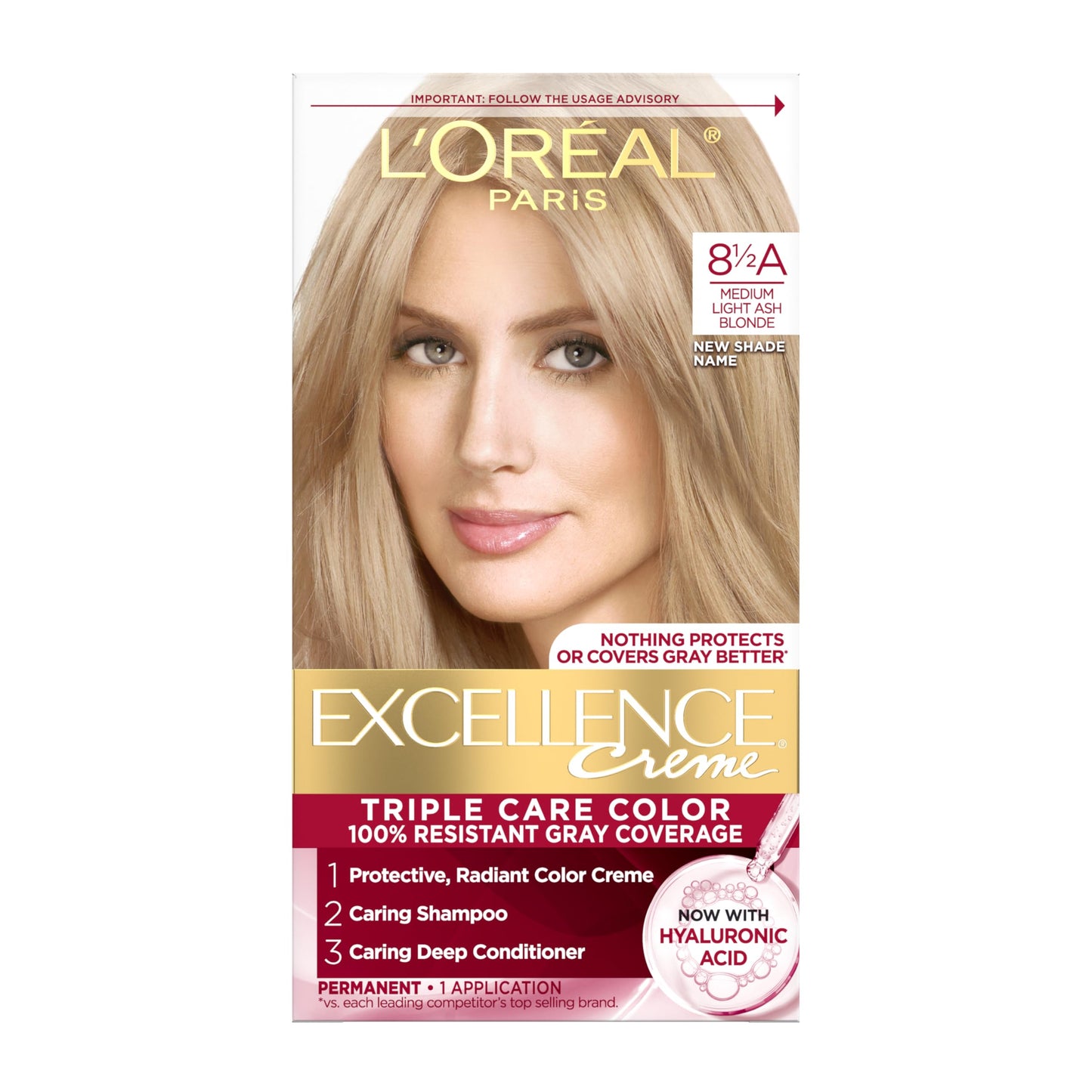 L'Oreal Paris Excellence Crème Permanent Hair Dye, Triple Care Hair Color with Hyaluronic Acid for 100% Gray Coverage, 8.5A Medium Light Ash Blonde, 1 Beauty & Personal Care L'Oreal Paris