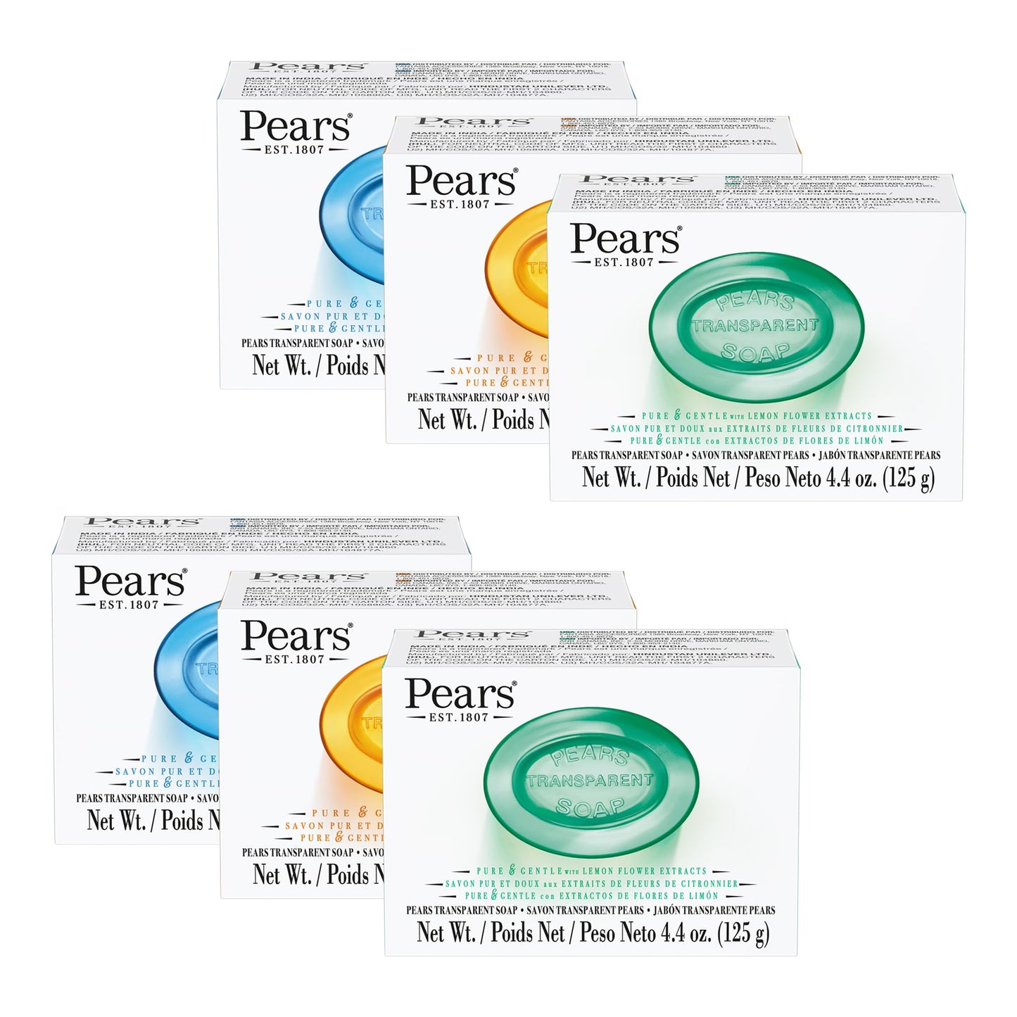 Pears Variety 6 Pack - Pure and Gentle Bar Soap with Glycerin - Includes Lemon Flower, Mint Extracts, and Amber - Soap Bar for Women and Men - 6 pc Beauty & Personal Care Pears