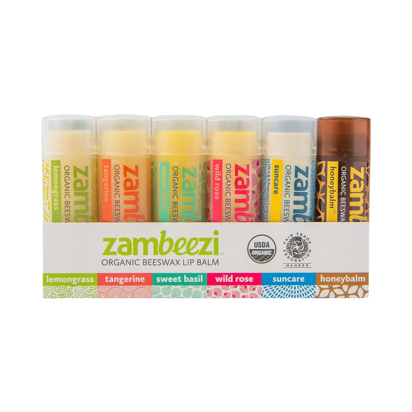 ZAMBEEZI Fair Trade, Organic Beeswax Lip Balm - Variety 6 Pack (Lemongrass, Tangerine, Wild Rose, Sweet Basil, Suncare and Honeybalm) - Ethically Beauty and Personal Care Zambeezi