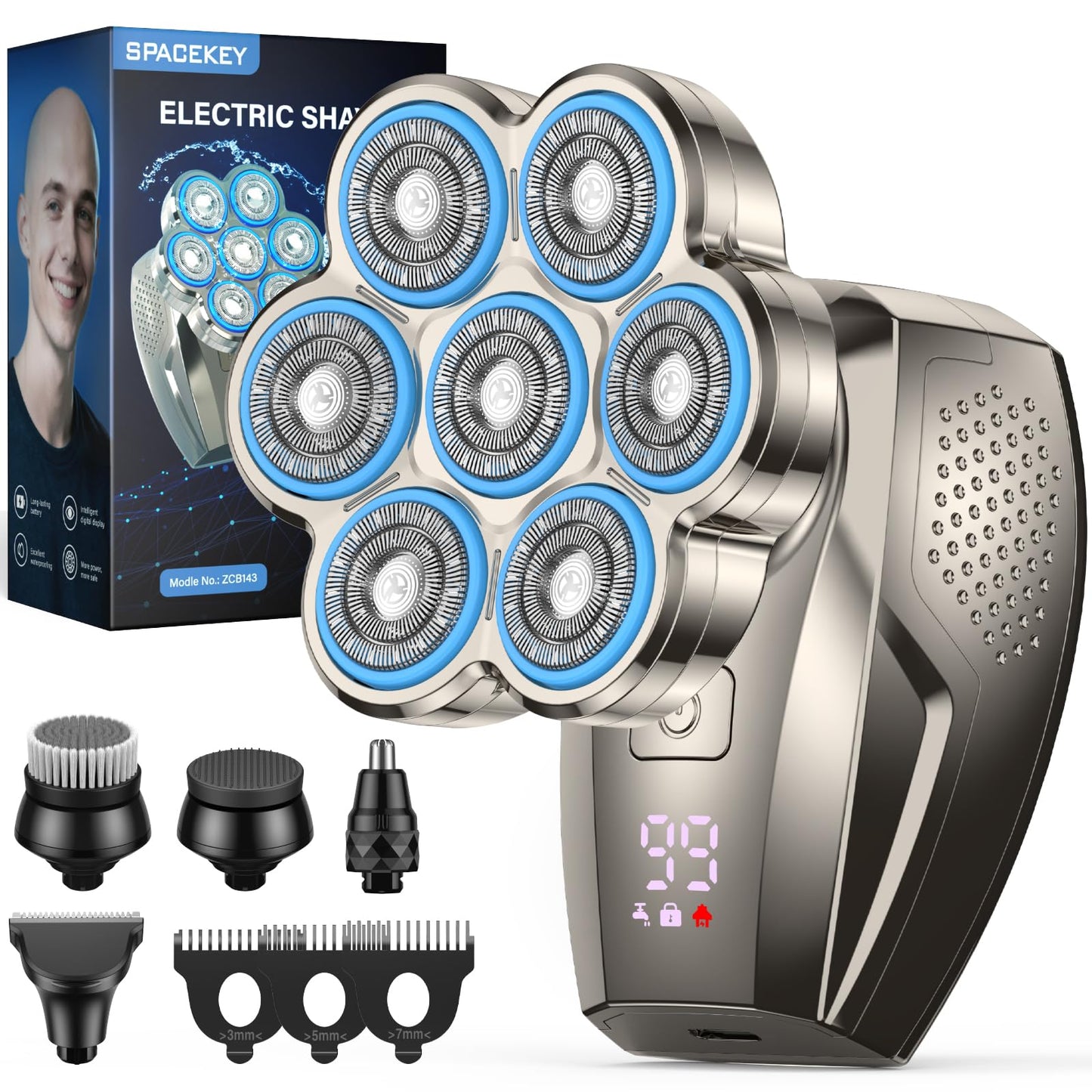 7D Head Shavers for Bald Men, 5-in-1 Magnetic Detachable Head Shaver, IPX7 Waterproof Electric Razor for Wet/Dry Use, Shaving Grooming Kit for Balder Beauty and Personal Care Spacekey