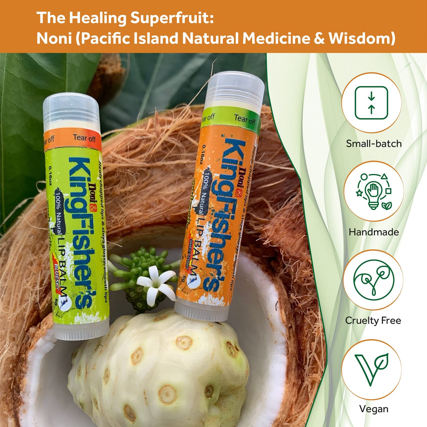 Kingfisher's Noni Lip Balm - Ultra-Hydrating Lip Care with Noni Oil & Virgin Coconut Oil - 100% Natural, Pack of 2 (Sweet Orange & Mint) Beauty and Personal Care Kingfisher's Noni