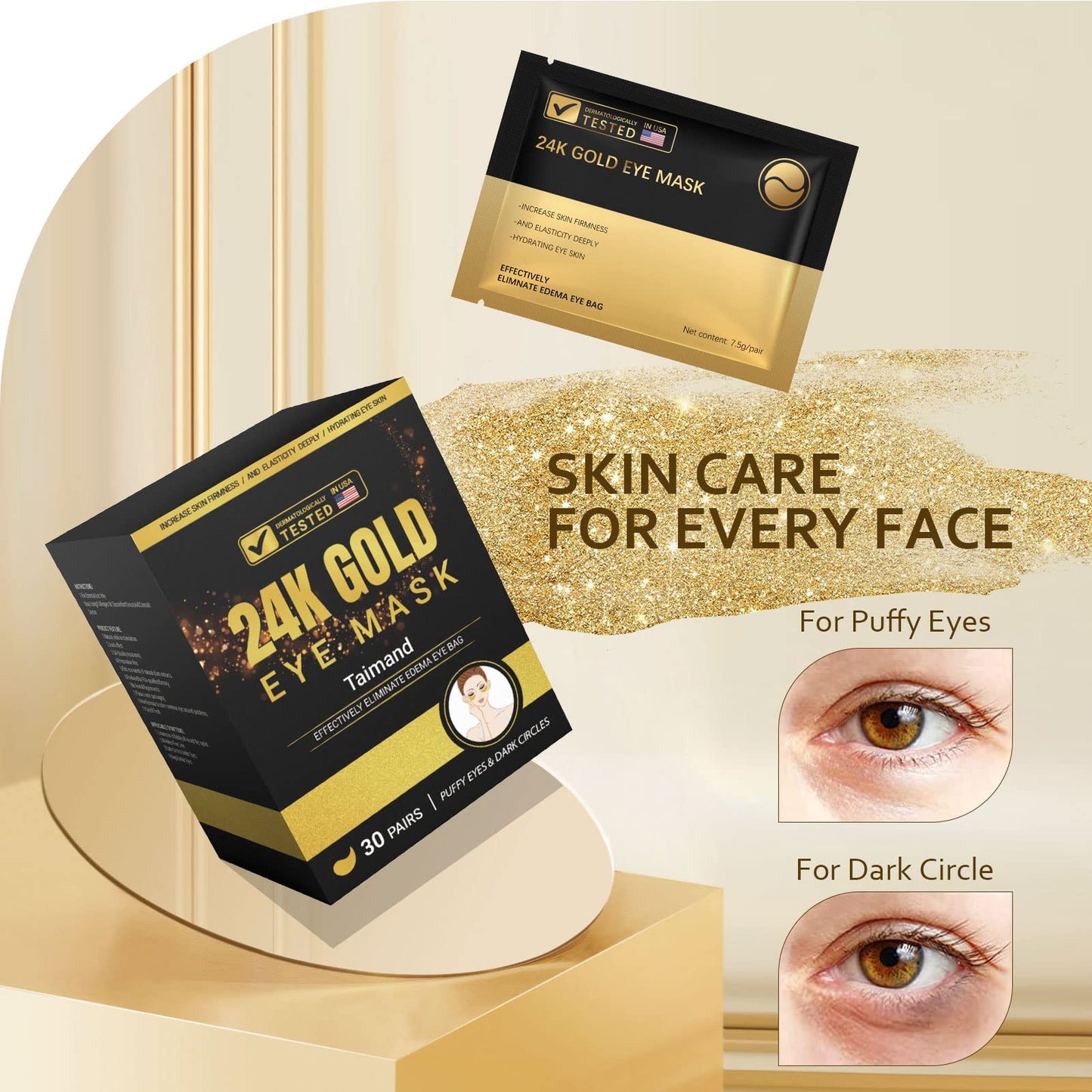 Taimand Under Eye Patches (30 Pairs), 24K Gold Under Eye Mask for Puffy Eyes, Dark Circles,Bags and Wrinkles with Collagen,Relieves Pressure Beauty & Personal Care Taimand