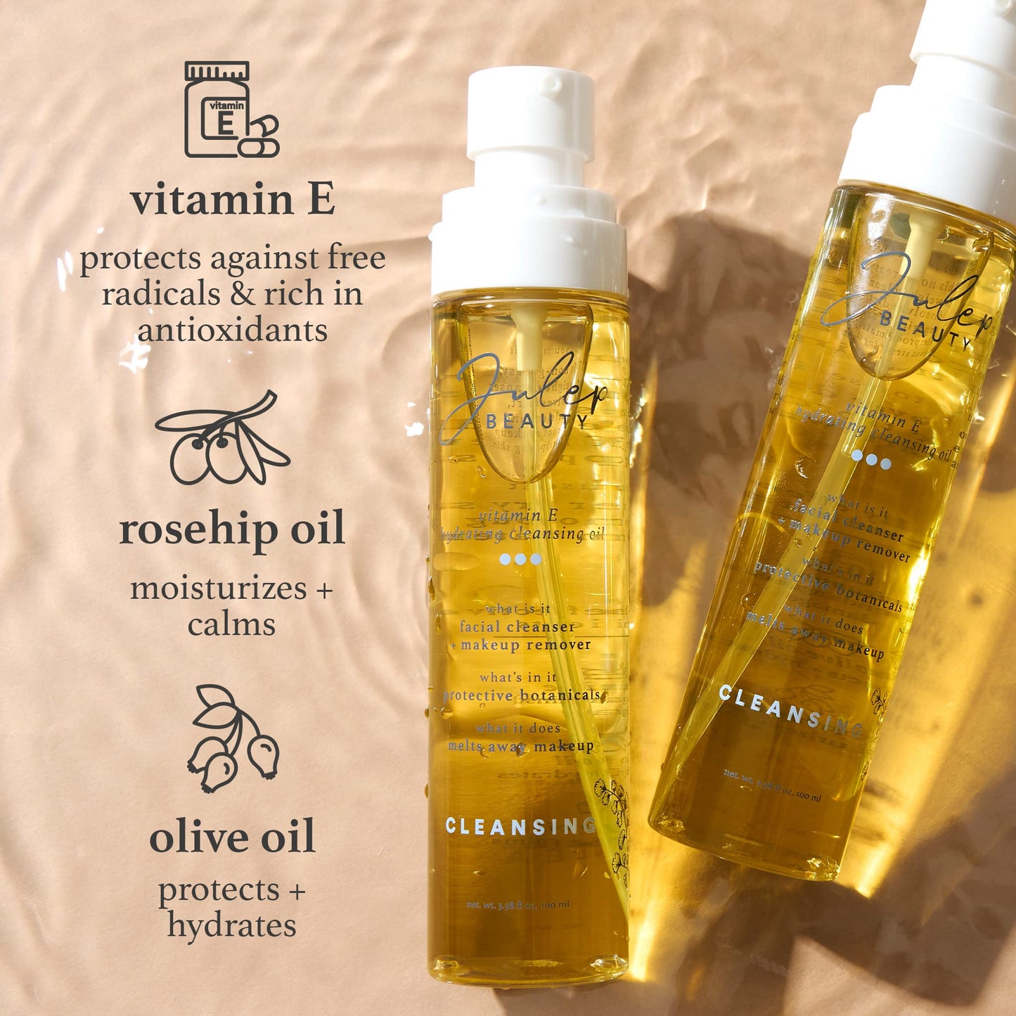 Julep Vitamin E Hydrating Cleansing Oil and Makeup Remover - Face Wash for Normal to Dry Sensitive Skin - 3.38 Fl Oz - Rosehip and Olive Oil Face Beauty & Personal Care Julep