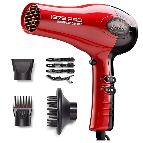 KISS 1875 Watt Pro Tourmaline Ceramic Hair Dryer, Styling Edition, 3 Heat Settings, 2 Speed Settings, Cool Shot Button, 7 Blow Dryer Accessories Beauty & Personal Care KISS