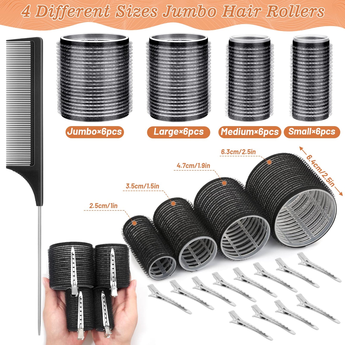 Hair Curler Rollers for Women 24PCS Heatless Hair Roller with 12PCS Clips, 4 Sizes（Jumbo Large Medium Small）Self Grip Holding Hair Rollers for Long Beauty and Personal Care Cludoo