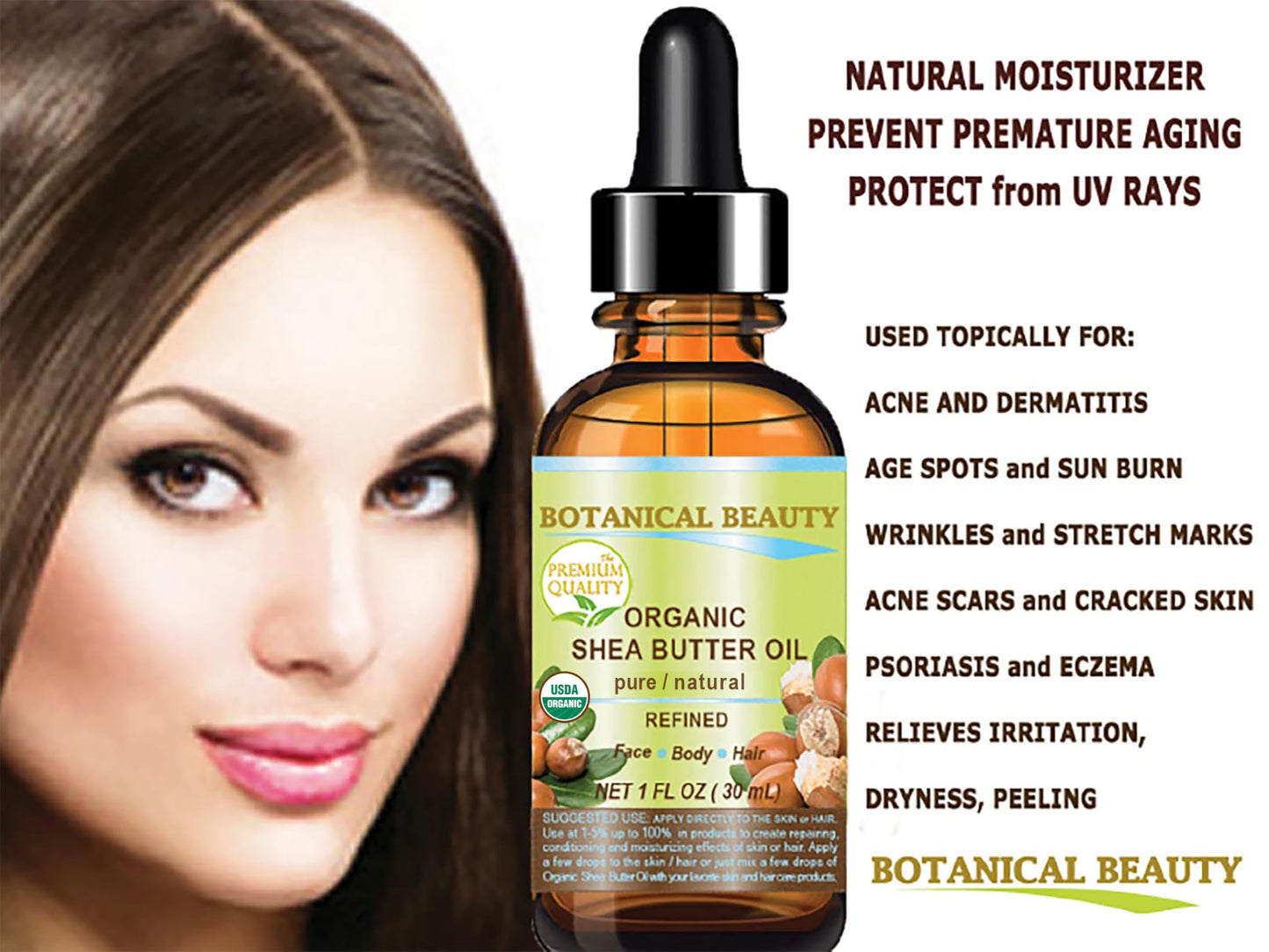 Botanical Beauty Organic SHEA BUTTER OIL 100% Pure Natural Undiluted Refined Cold Pressed Carrier Oil. 1 Fl.oz.- 30 ml for Face, Skin, Hair, Lip Beauty & Personal Care Botanical Beauty