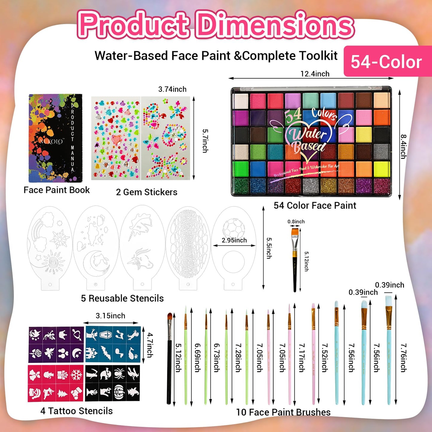 Ruihangda 54 Colors Face Painting Kit for Kids, Non Toxic Water Based Face Body Paint with Brushes, Stencils, Sponges, Gem Stickers, Washable Makeup Beauty & Personal Care Ruihangda
