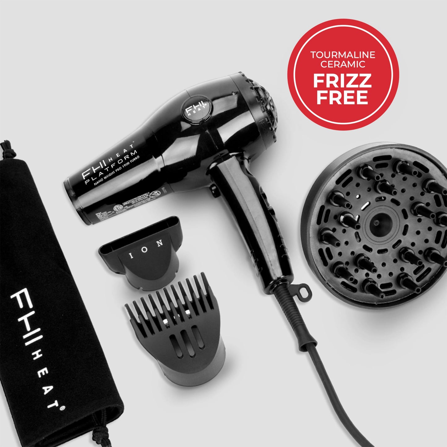 FHI HEAT Platform Nano Lite Pro 1900 Turbo Tourmaline Light Weight Ceramic Quick Dry Hair Dryer with 3 Piece Attachment Set, Black Beauty & Personal Care FHI Heat