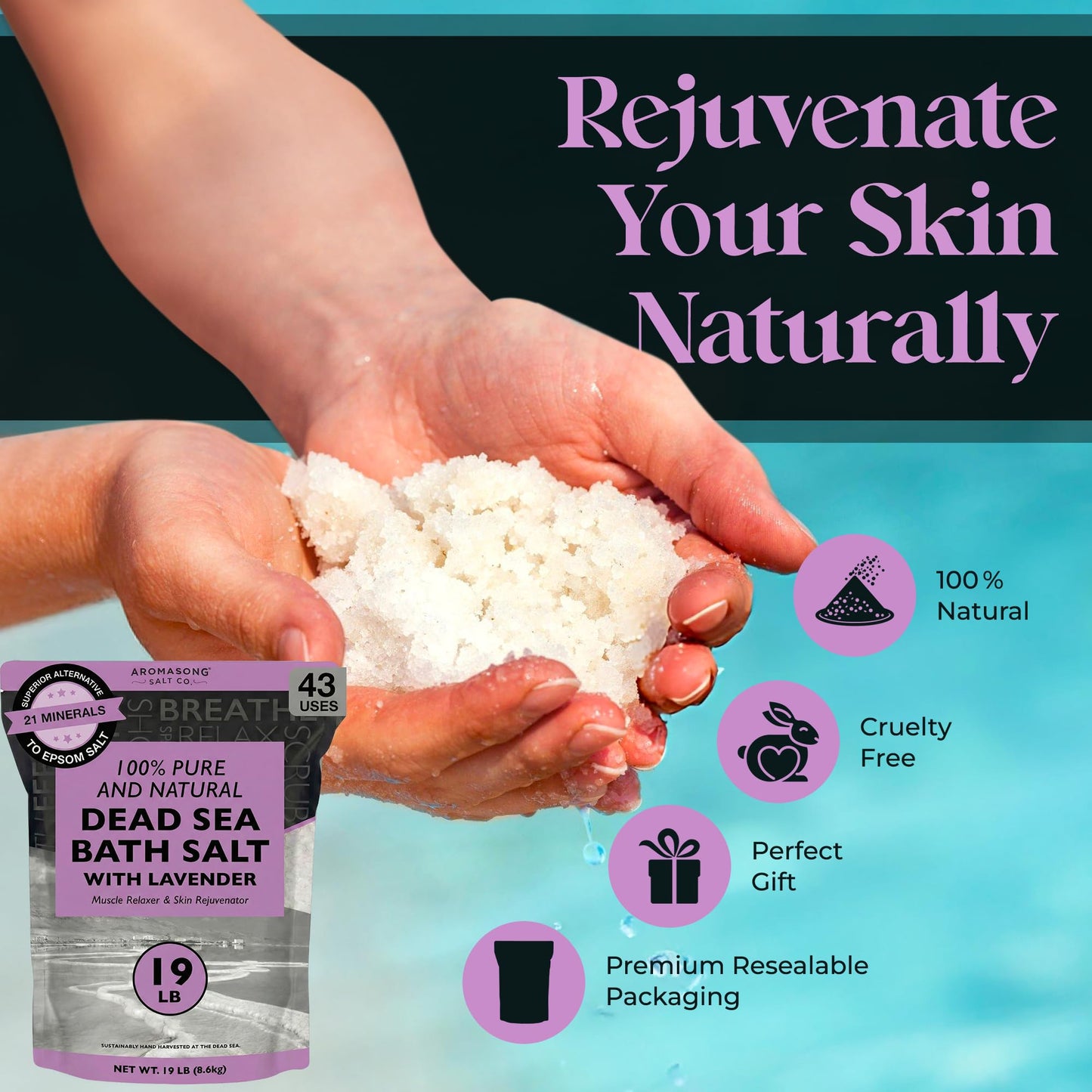 Aromasong Pure Dead Sea Salt for Soaking with 100% Natural Lavender, 19 LB - Spa Bath Salt Fine Grain - Body Wash Scrub - Soak for Women & Men- Bulk Beauty & Personal Care Aromasong