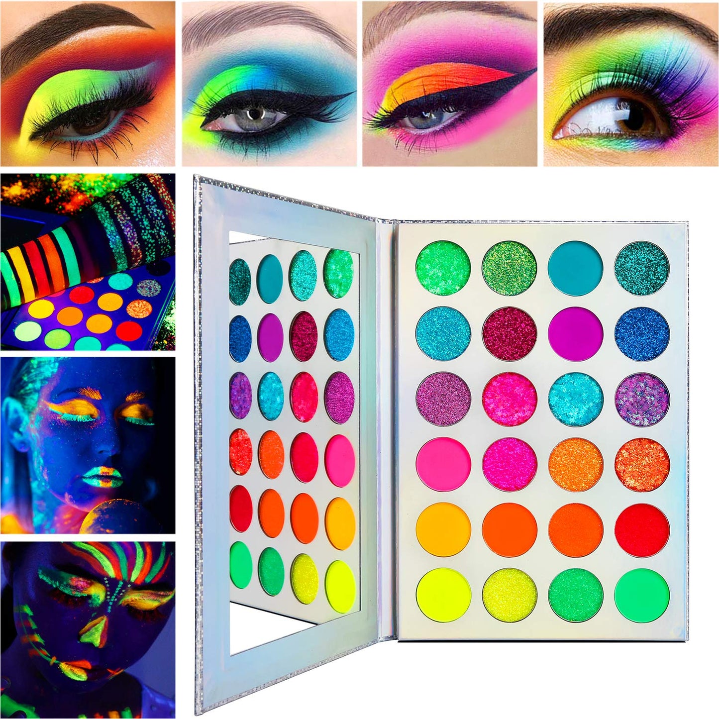 DE'LANCI Neon Eyeshadow Palette Glow in the Dark, Aurora Glow Eyeshadow Pallets Stage, Halloween Christmas Makeup Kit UV Blacklight Matte and Glitter Beauty & Personal Care DE'LANCI