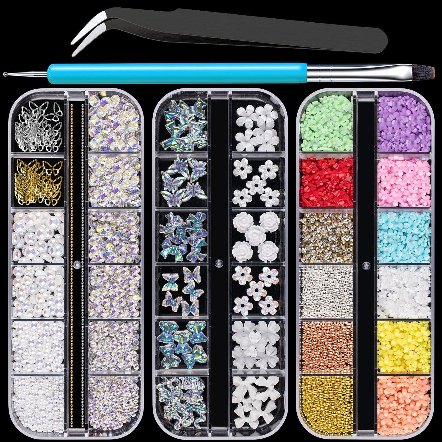 Mixed 3D Nail Art Gem Decoration Accessories Kit #1, Aurora Bear Bow Butterfly Starry AB Rhinestone Charm Jewelry for Deco, Pearl Flower Caviar Bead Beauty & Personal Care BELLEBOOST