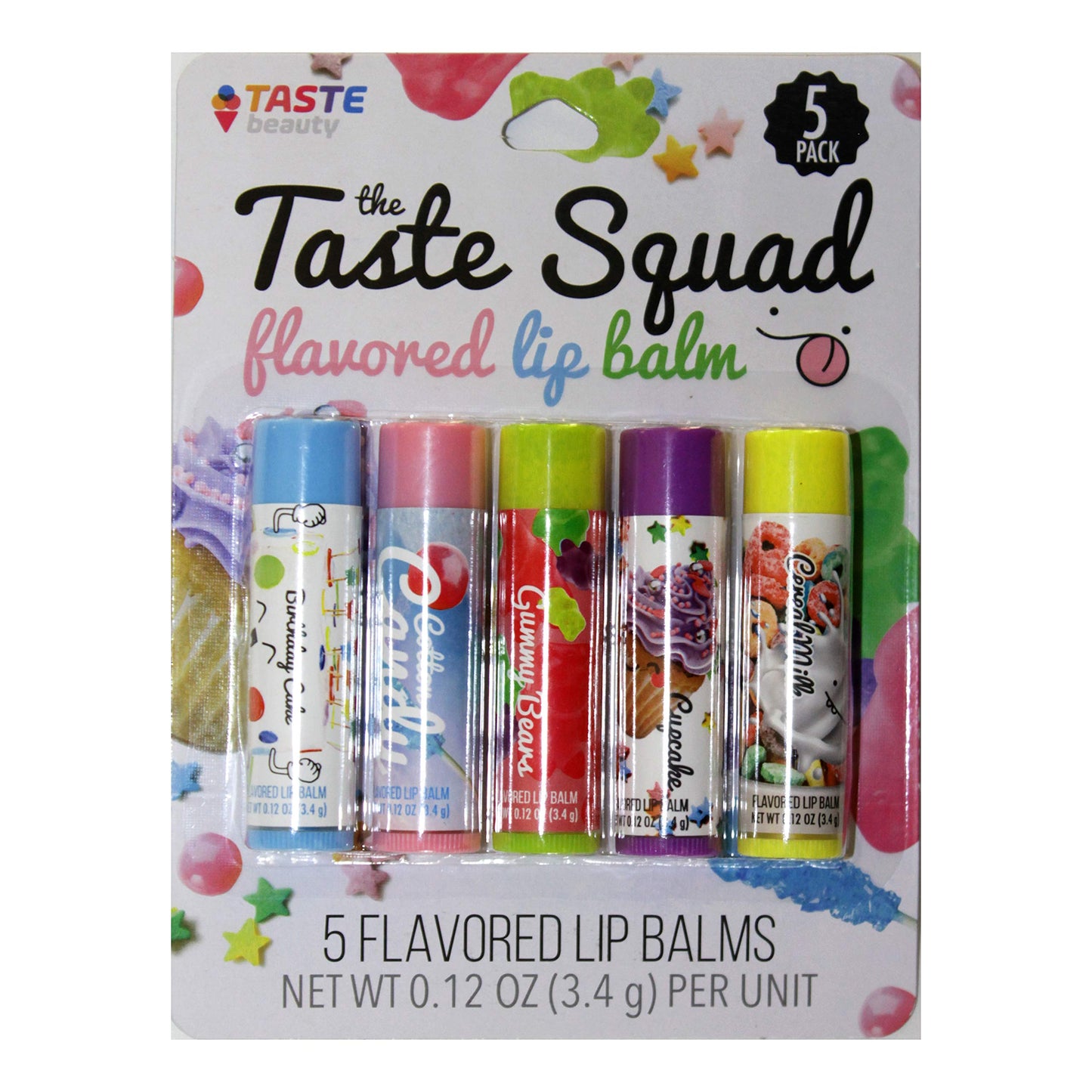 Taste Beauty (1) Pack The Taste Squad Flavored Lip Balm Set - 5 Flavored Lip Balm Tubes per Pack - Birthday Cake, Cotton Candy, Gummy Bears, Cupcake Beauty and Personal Care Taste Beauty