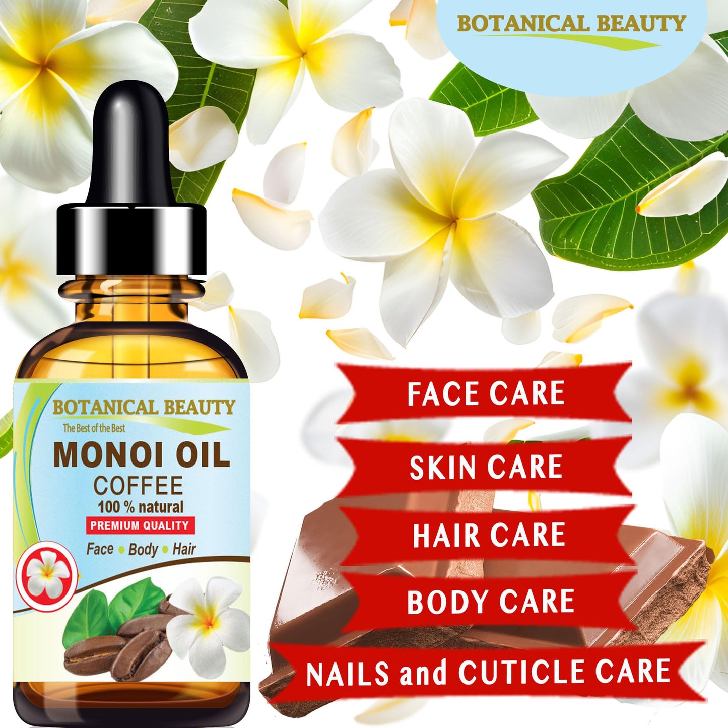 Botanical Beauty MONOI OIL COFFEE. Frangipani flowers in Coconut Oil with Coffee aroma. 100% Natural Pure for FACE, SKIN, BODY, HAIR, NAILS. Luxury Beauty & Personal Care Botanical Beauty