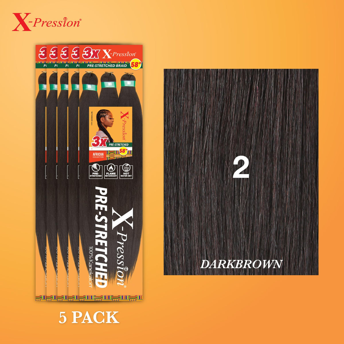 Sensationnel X-Pression Prestretched Braids-3X 58in,5pk 2 DARKBROWN