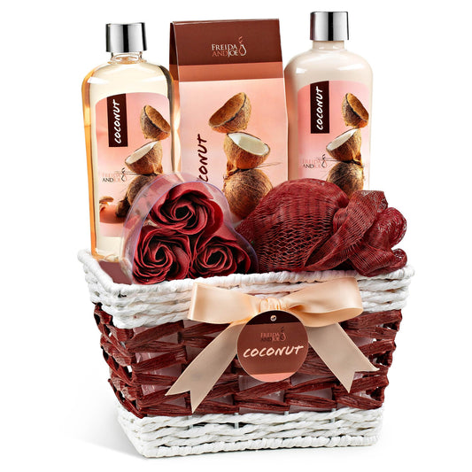 Coconut Spa with Wicker Gift Basket Bath & Body Set, Pink & Brown Beauty and Personal Care Freida and Joe