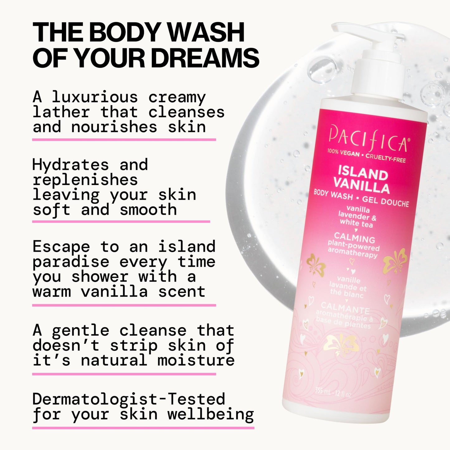 Pacifica Island Vanilla Body Wash Aloe + Hyaluronic Acid, Daily Cleansing, Bath & Shower Gel, Essential Oils, Clean, Vegan + Cruelty & Paraben Free Beauty & Personal Care Pacifica