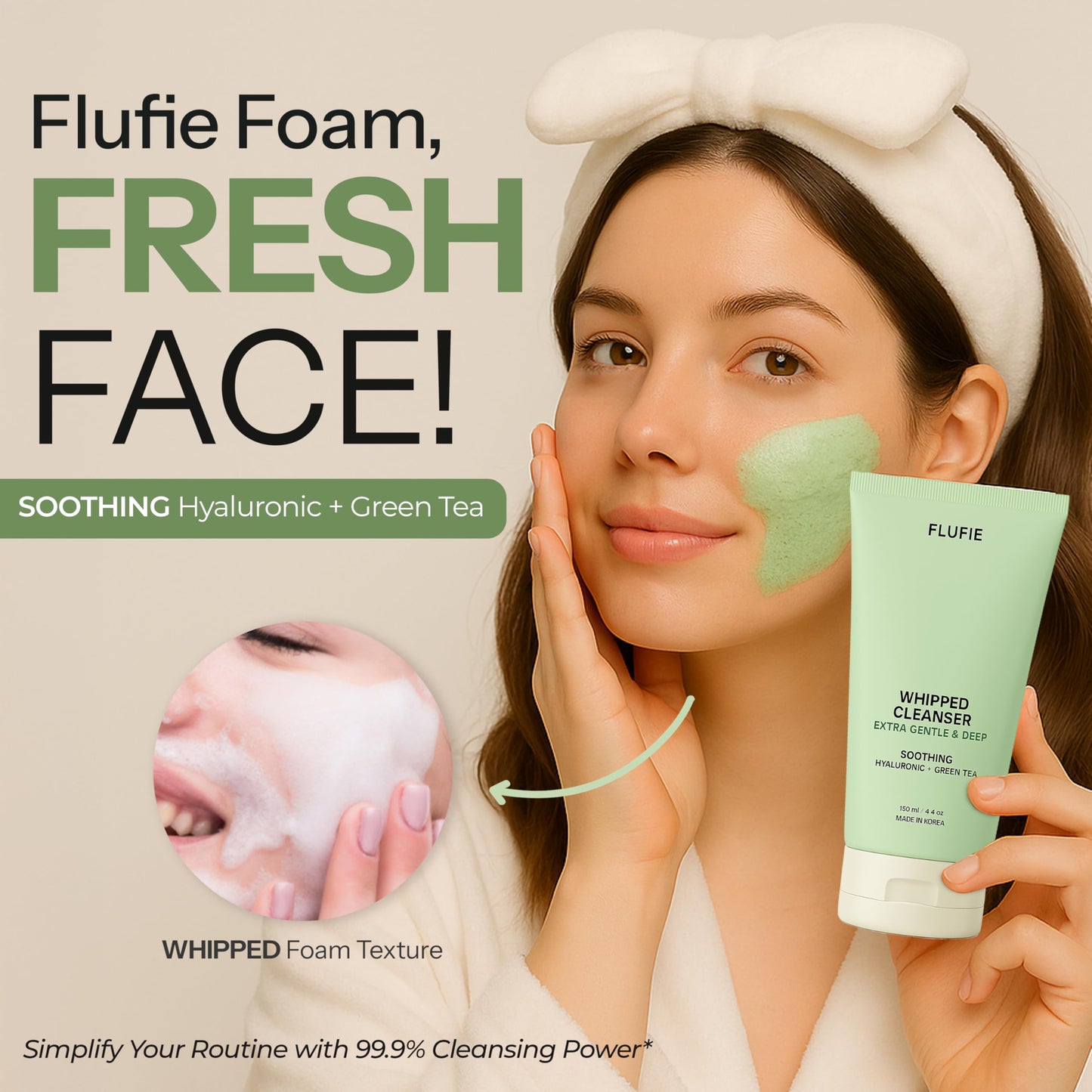 Flufie Whipped Facial Cleanser with Hyaluronic Acid & Green Tea - Deep Hydration & Gentle Pore Care - Dermatologist Tested, Anti-Aging, Korean Skin Beauty & Personal Care Flufie