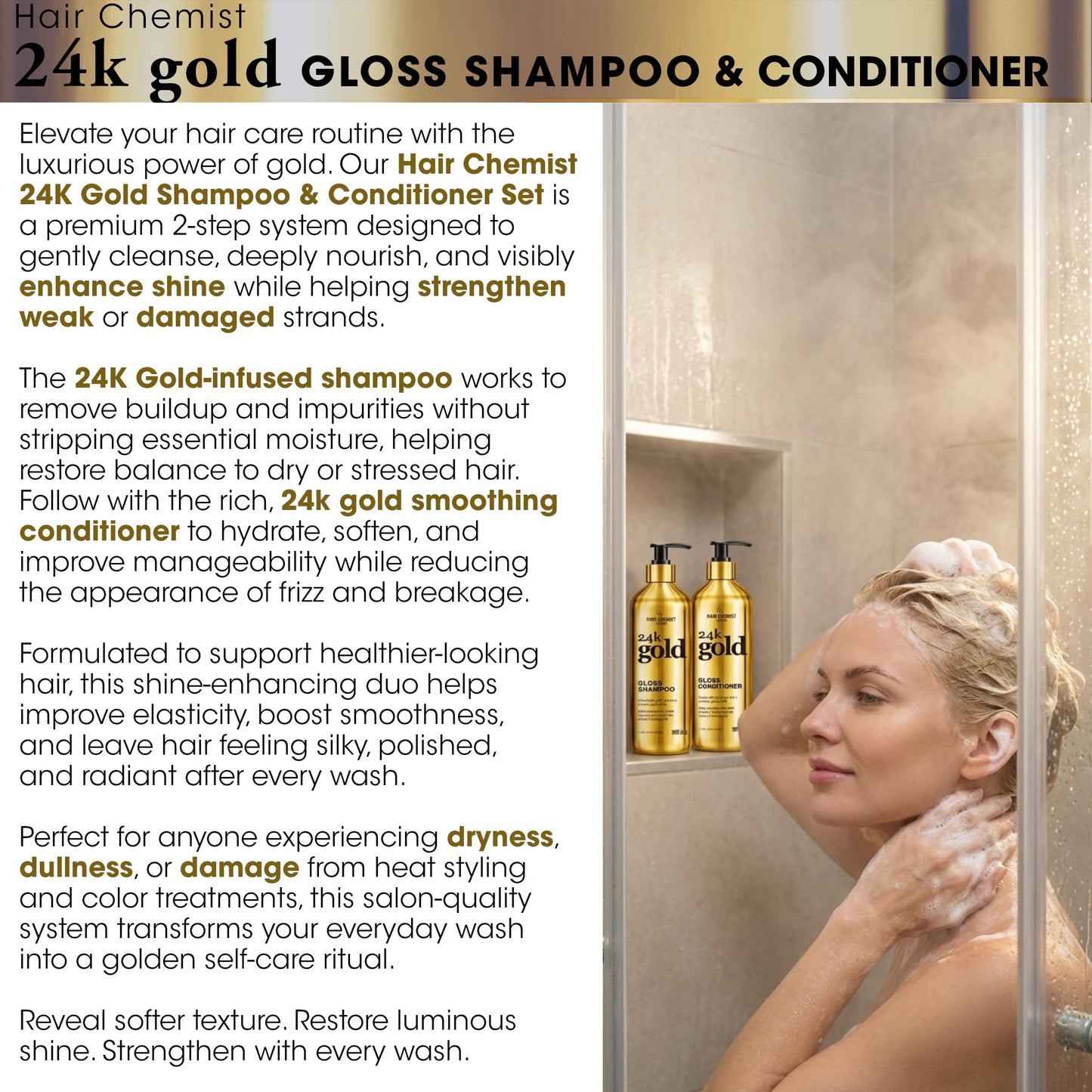 Hair Chemist 24K Gold Gloss Shampoo & Conditioner 33.8 oz. 2-PC Set - Strengthening & Shine Enhancing Hair Care System - Hydrating, Smoothing Beauty & Personal Care Hair Chemist