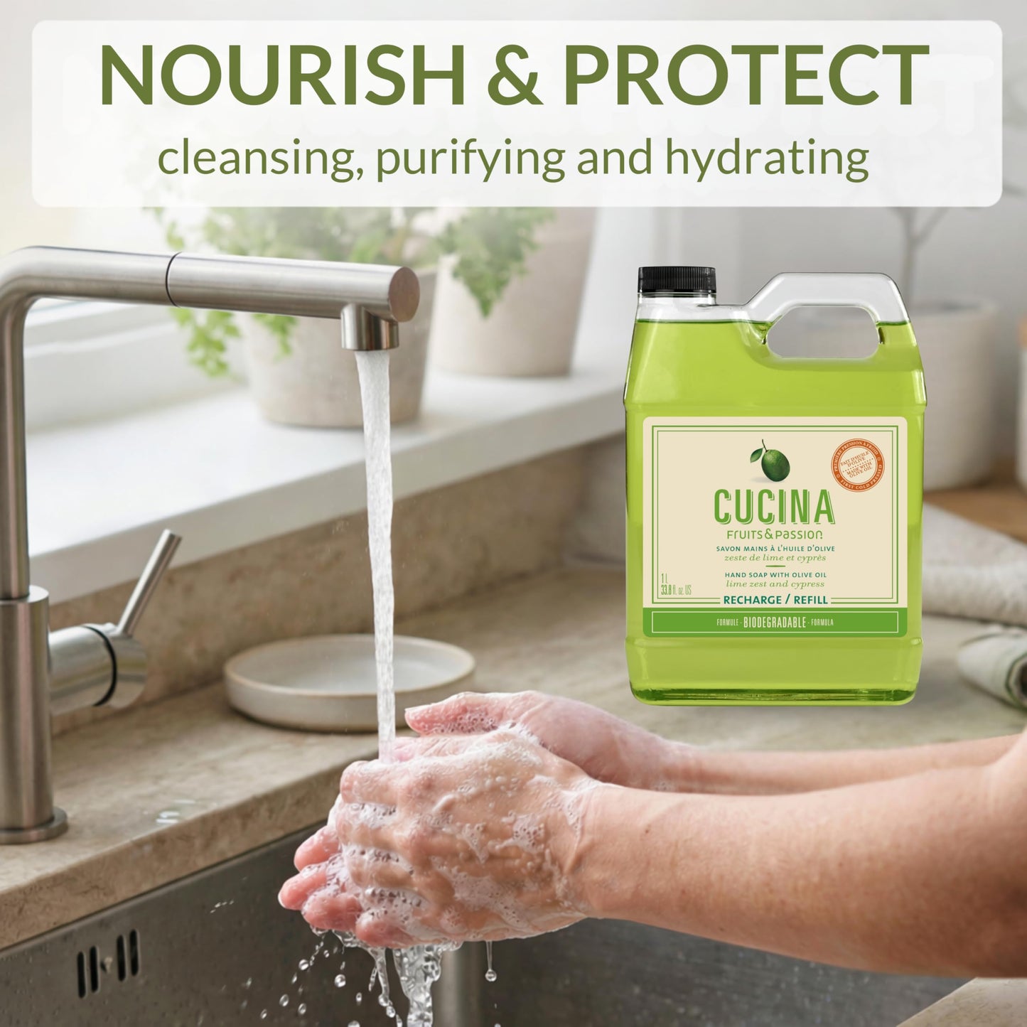 Cucina Fruits & Passion Hand Soap Refill, Lime Zest & Cypress, 1 L (33.8 fl oz), Liquid Hand Soap with Moisturizing Olive Oil, Biodegradable, Vegan Beauty & Personal Care Fruits and Passion